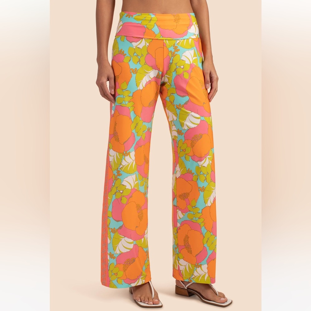 Trina Turk Floral Wide-Leg Swim Coverup Pants in Orange, Pink, Green, Aqua